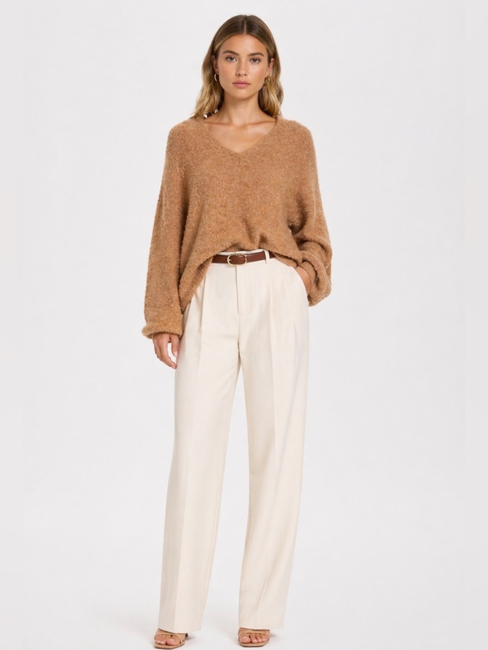 Vero Moda Textured Bouclé Knit Sweater Camel Oversized Cozy Minimalist